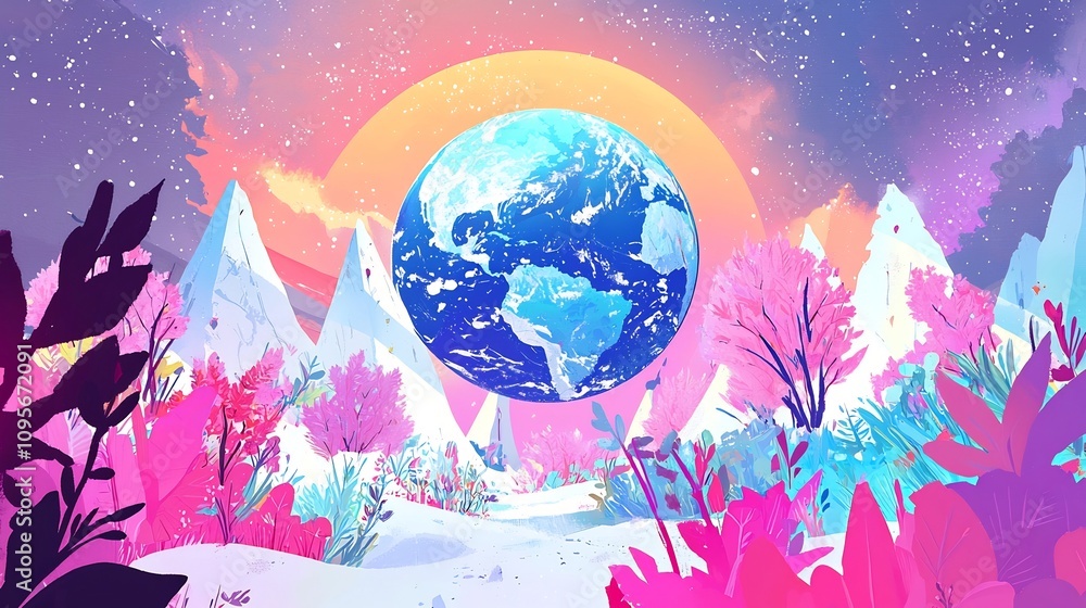 Poster stunning digital of a vibrant colorful earth encapsulated within protective atmospheric layers conve