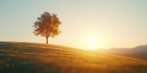 Fototapeta premium A solitary tree stands majestically against a stunning sunset over a serene landscape.