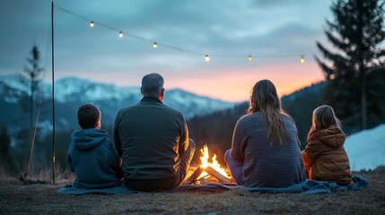 Family campfire gathering mountain landscape evening serenity outdoor experience peaceful moment