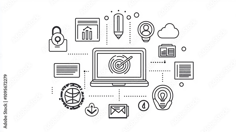 Poster stylized featuring a clean and professional design of 15 black and white outline digital marketing i