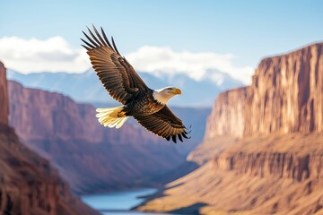 Fototapeta premium Freedom liberty and unrestricted, A majestic eagle soars above stunning canyon landscapes, with mountains and a river in the background, embodying freedom and strength in nature.