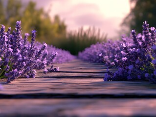 Wooden path through a lavender field at sunset.