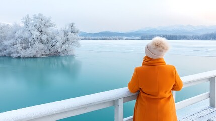 Fototapeta premium Contemplative woman in orange coat overlooking frozen lake winter wonderland serene view