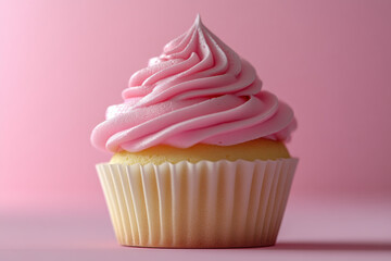 Pink-frosted cupcake on a rustic wooden table, sprinkled with colorful edible stars and surrounded by pastel confetti.