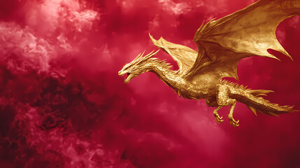 Fototapeta premium A golden dragon soaring through a crimson sky. Crimson Dragon Flight. Illustration
