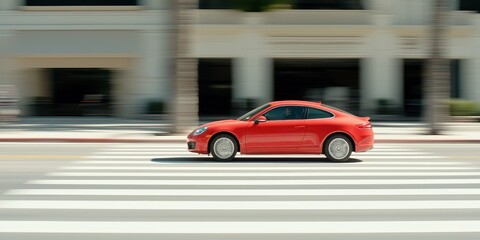 A vibrant red car speeding past on a busy city street during daylight hours.