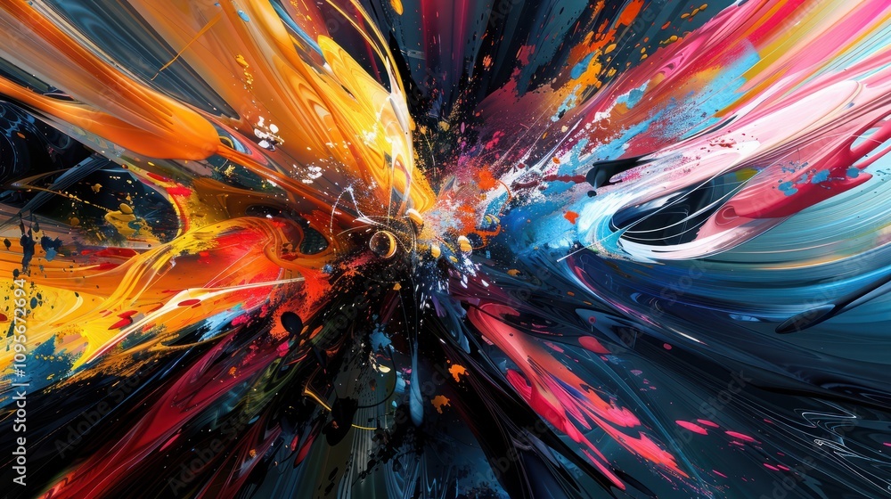Poster energetic splash effect abstract art with vibrant colors and dynamic motion