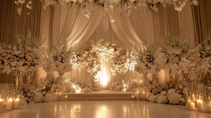 Opulent bridal stage, draped with silk fabrics, large floral arrangements in white and blush, candle-lit ambiance 