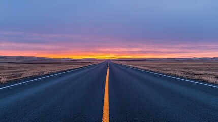 Naklejka premium Freedom liberty and unrestricted, A serene road stretches into the horizon beneath a vibrant sunset, showcasing a blend of colors in the sky and a sense of tranquility.