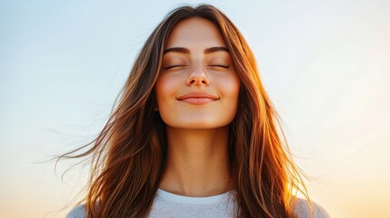 Fototapeta premium A serene woman with long hair smiles gently against a golden sunset backdrop, exuding calmness and happiness.