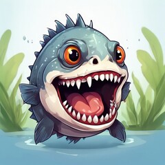 Naklejka premium the AI Image Generator, Cute cartoon piranha with sharp teeth.