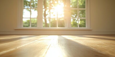 Fototapeta premium Bright sunlight streaming through the window on a wooden floor, creating a warm atmosphere.