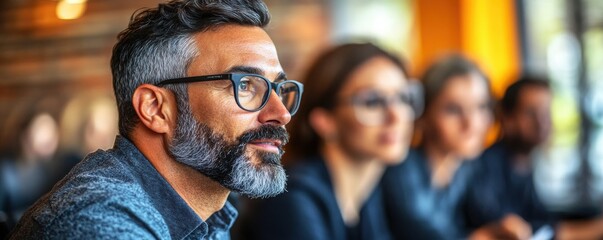 Fototapeta premium Thoughtful Man in Glasses Engaged in Meeting with Diverse Professionals, Reflecting on Ideas and Solutions in a Bright Business Environment