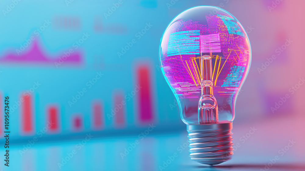 Poster a glowing light bulb with colorful digital patterns, set against a backdrop of graphs and data, symb