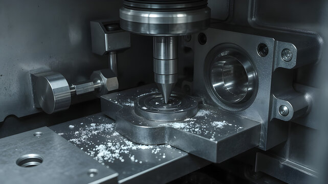 A precision milling machine in action, shaping a metal workpiece with a rotating cutting tool.