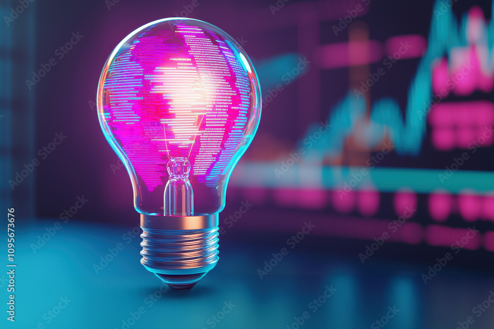 Poster a vibrant light bulb emits colorful light, set against a backdrop of fluctuating graph lines, symbol