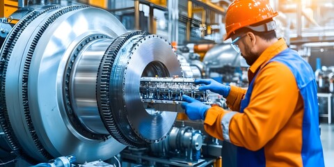 A technician inspects machinery in an industrial setting, focusing on maintenance and precision.