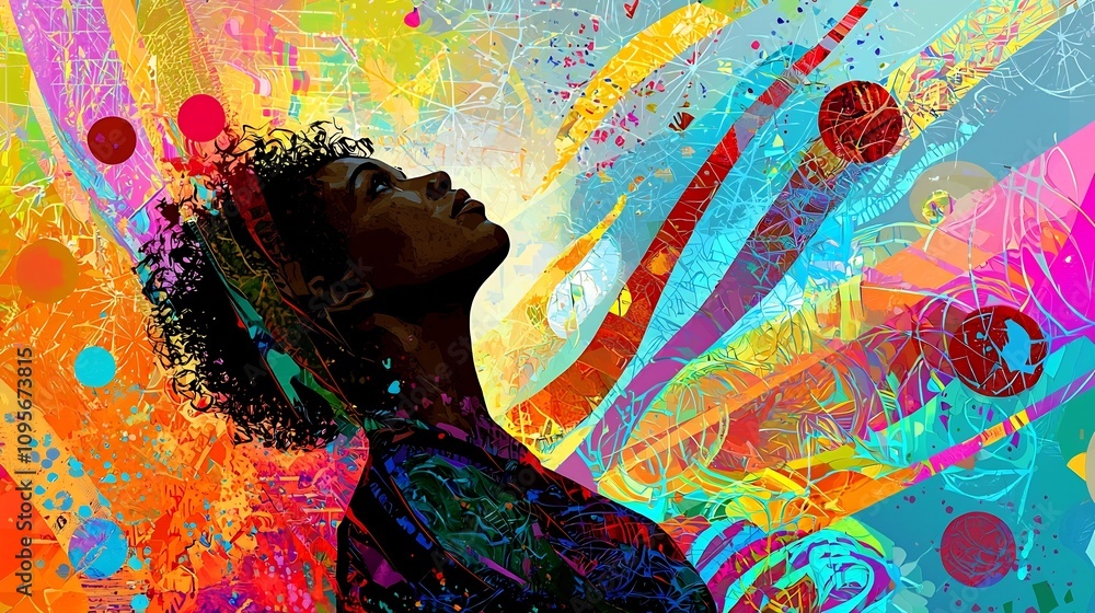 Poster vibrant digital painting depicting a dynamic female figure with an upward gaze framed by a mesmerizi