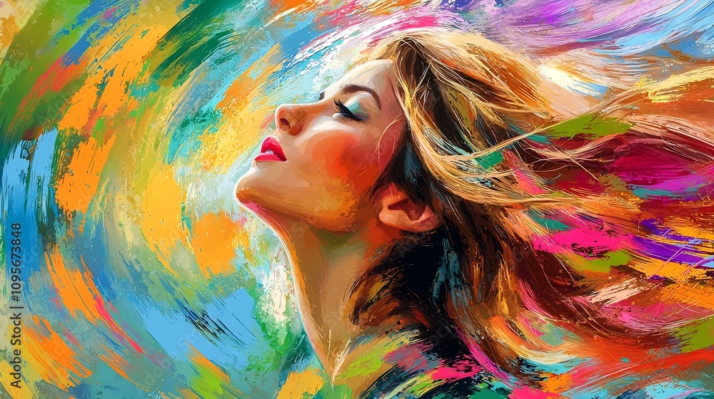 Poster vibrant dynamic digital painting of a bold upward looking woman enveloped in a whirlwind of colorful
