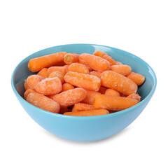 Frozen baby carrots in bowl isolated on white