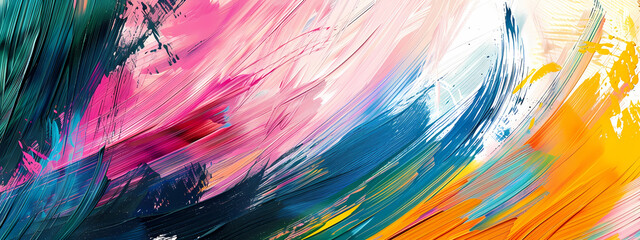 A vibrant abstract painting featuring dynamic swirls of pink, blue, green, and orange hues, evoking a sense of movement and energy.