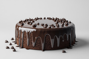 Chocolate cake with decadent chocolate drizzling on top, adorned with fresh raspberries and a dusting of powdered sugar.
