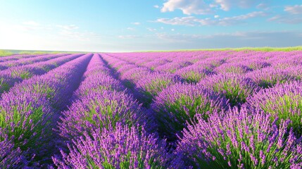 A vibrant lavender field stretches under a clear blue sky, showcasing rows of blooming purple flowers and lush greenery.