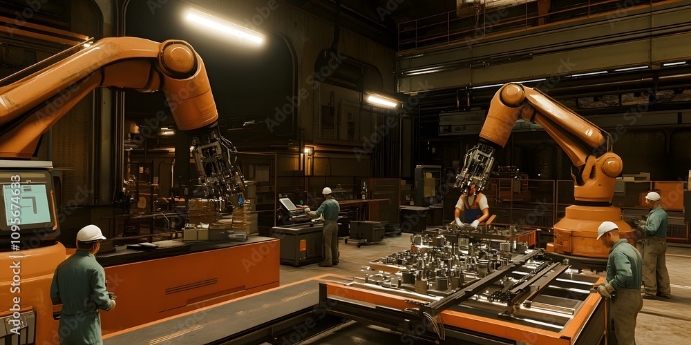 Poster industrial scene with robotic arms assembling components in a factory setting.