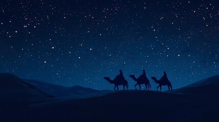 Fototapeta premium Silhouetted camel riders traverse a desert under a starry night sky, capturing the essence of adventure and tranquility. Desert Starry Skies. Illustration