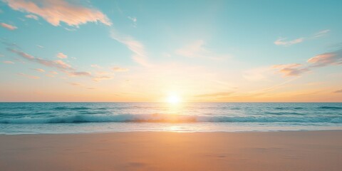 Scenic beach sunrise with vibrant skies and calm ocean waves at dawn.