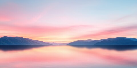 Fototapeta premium Serene mountains reflecting on calm water during twilight with pastel sky hues.