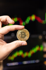 BTC Bitcoin crypto coin in front of a finance graph