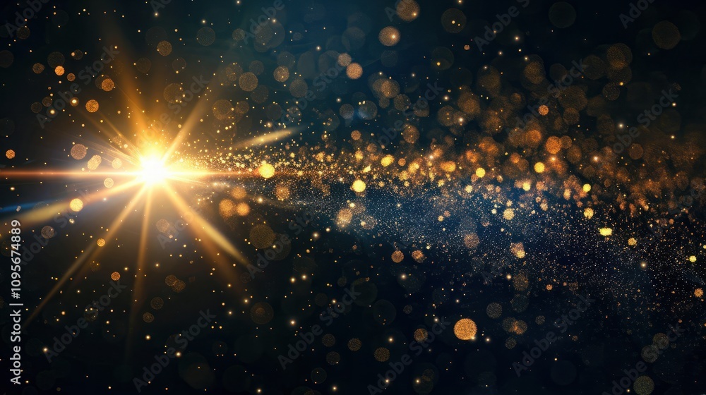 Poster light abstract glowing bokeh light. shining star, sun particles and sparks with lens flare effect on