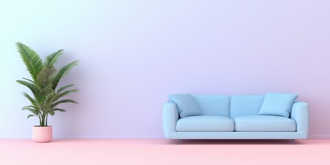 A cozy room featuring a light blue sofa and a potted plant against a pastel wall.