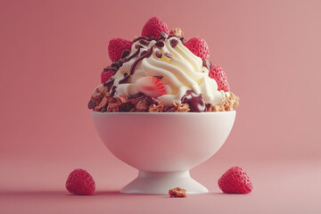 Bowl of ice cream topped with fresh raspberries and chocolate shavings, creating a decadent dessert display.