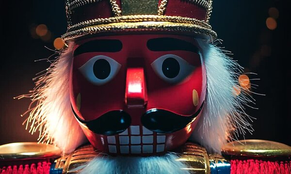 Colorful Nutcracker Figure with Traditional Design, Red and White Face, White Beard, and Festive Decorations Against a Dark Background with Glowing Lights