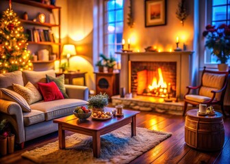 Obraz premium Cozy Interior with Fireplace - Tilt-Shift Photography of a Warm Living Room, Modern Decor, Soft Lighting, and Inviting Atmosphere for Home Design Inspiration
