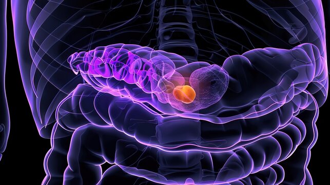 Pancreatic cancer cells depicted in a way that shows their complex and menacing nature. The microscopic view reveals their abnormal growth patterns