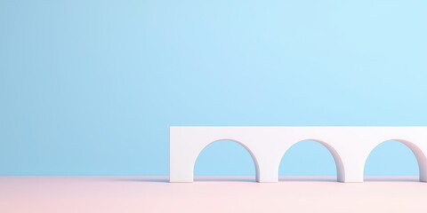 A minimalist architectural design featuring an elegant white bridge on a pastel backdrop.