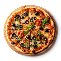 Delicious vegan pizza with tomatoes and olives studio setting food photography white background close-up healthy eating