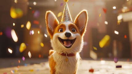 Happy corgi dog wearing a party hat amidst confetti.