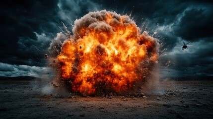 Massive Explosion with Helicopter in Dramatic Desert Landscape