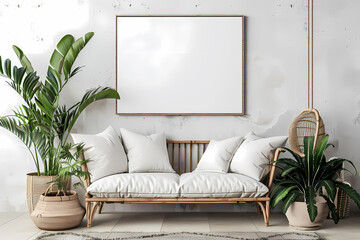 Modern living room featuring a stylish rattan sofa with white cushions, surrounded by lush green indoor plants and a blank canvas for personalization.