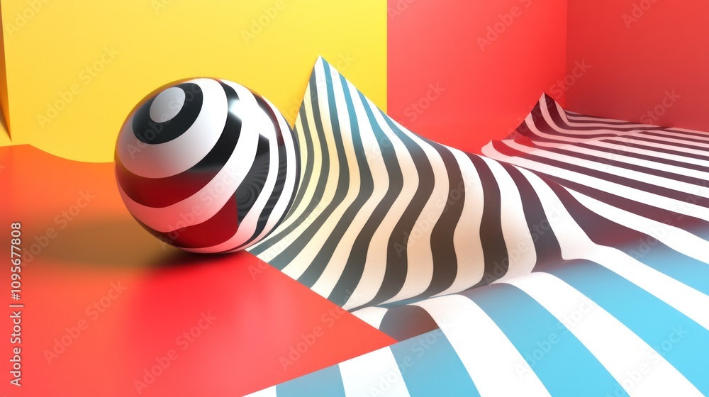 Canvas Prints abstract 3d render of a black and white sphere on a wavy striped surface with yellow and red backgro