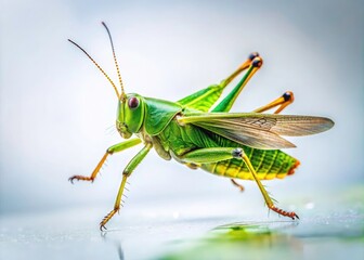 Fototapeta premium Green Grasshopper Flying Against a White Background, Perfect for Nature and Insect Photography, Showcasing Vibrant Color and Unique Perspective, Ideal for Educational and Creative Uses