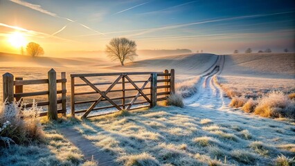 Serene sunrise over a frosty field with wooden gate and path