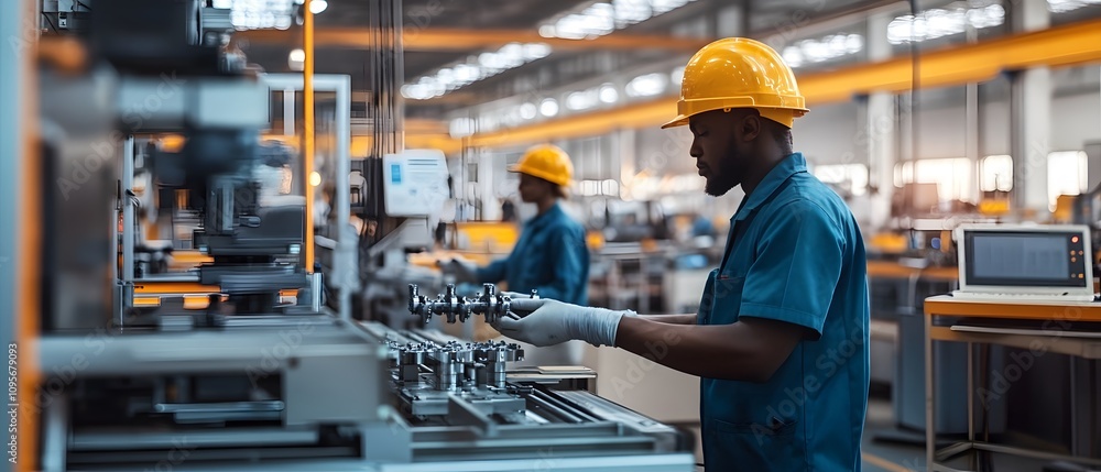 Poster workers in a factory performing tasks on machinery in a production environment.