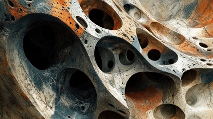 Abstract geological formations with intricate holes and textures.