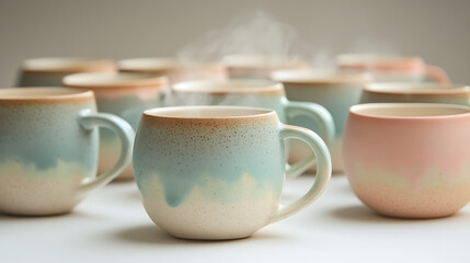 A set of handmade ceramic mugs with pastel tones, steaming with hot drinks 
