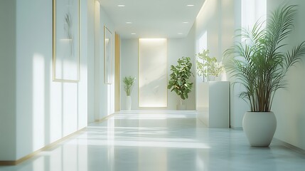 Fototapeta premium Bright modern corridor with plants indoor space contemporary design